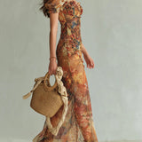Elegant Orange Floral Maxi Dress for Women with Sweetheart Neck Short Sleeve Ruched Bodice Formal Wedding Guest Style