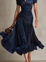 Striped Satin Midi Dress with Pleated Detail