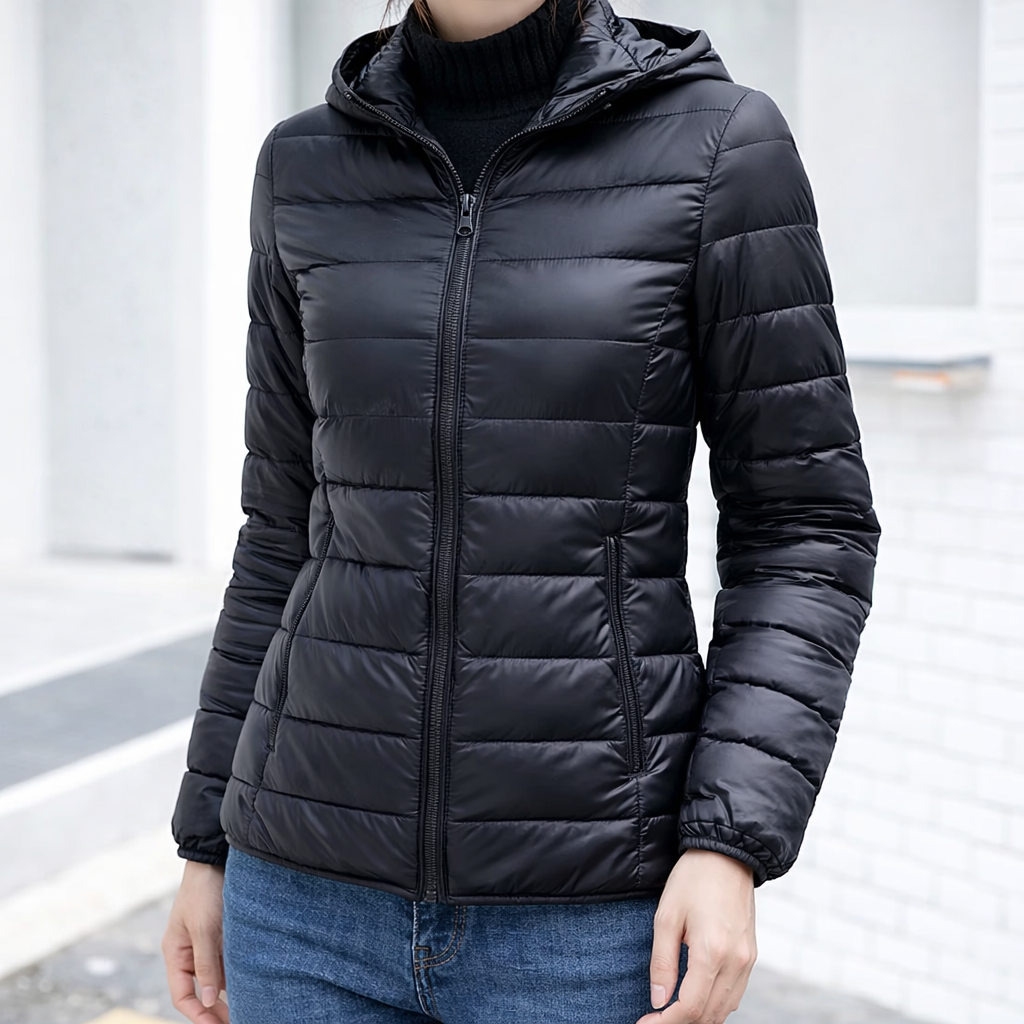 Sleek Hooded Puffer Jacket for Women with Zip Front Lightweight Quilted Insulated Packable Winter Style