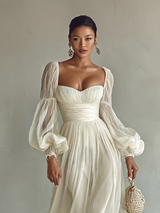 Women's Chiffon Square Neck Long Sleeve Waist Maxi Dress