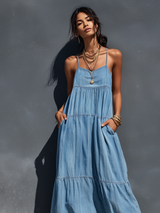 Women's Casual Blue Stretch Denim Loose-fitting Suspender Maxi Dress