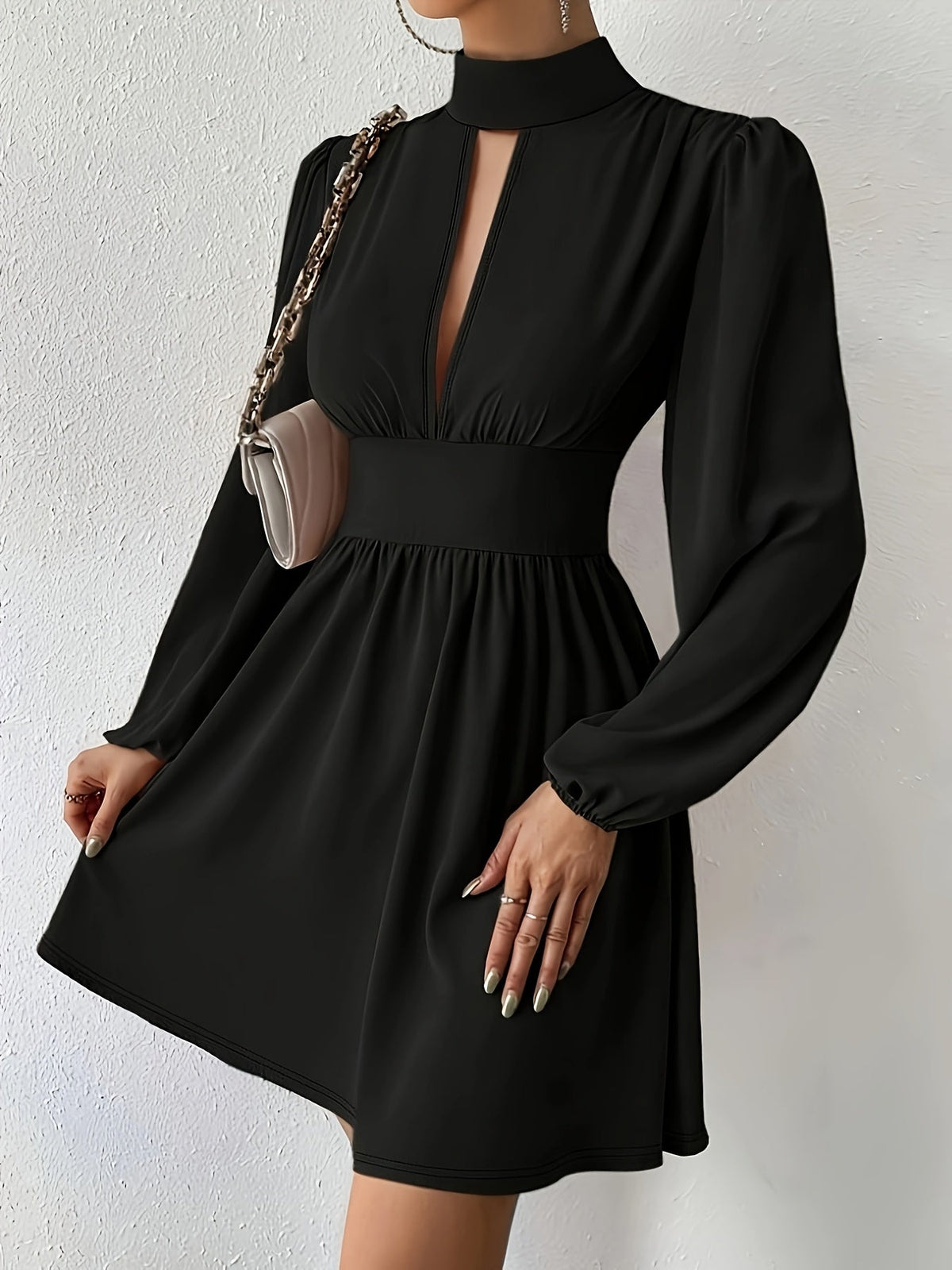 Chic Black Semi Formal Dress for Women with Mock Neck Keyhole Long Sleeve Fit and Flare Mini Party Style