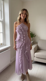 Pleated Halter Dress with Asymmetric Ruffles