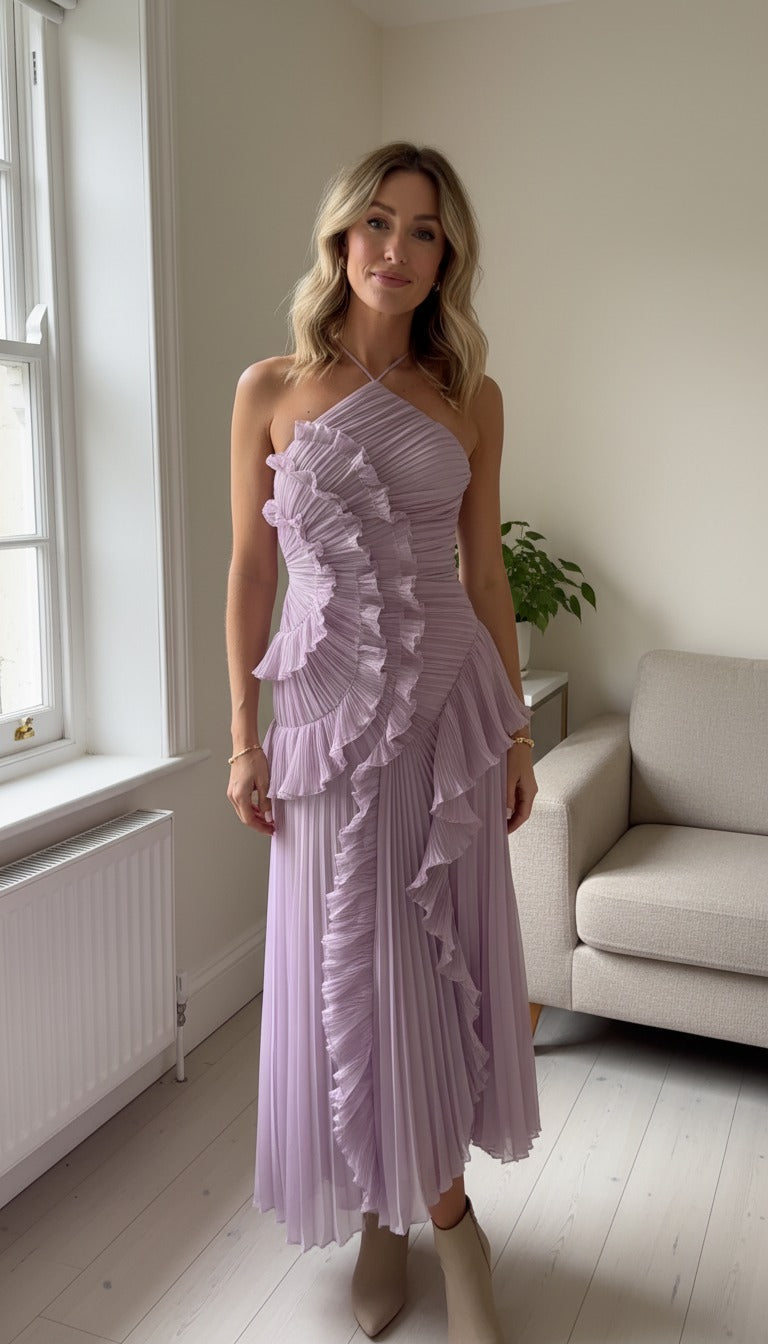 Pleated Halter Dress with Asymmetric Ruffles