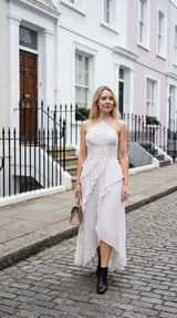 Pleated Halter Dress with Asymmetric Ruffles