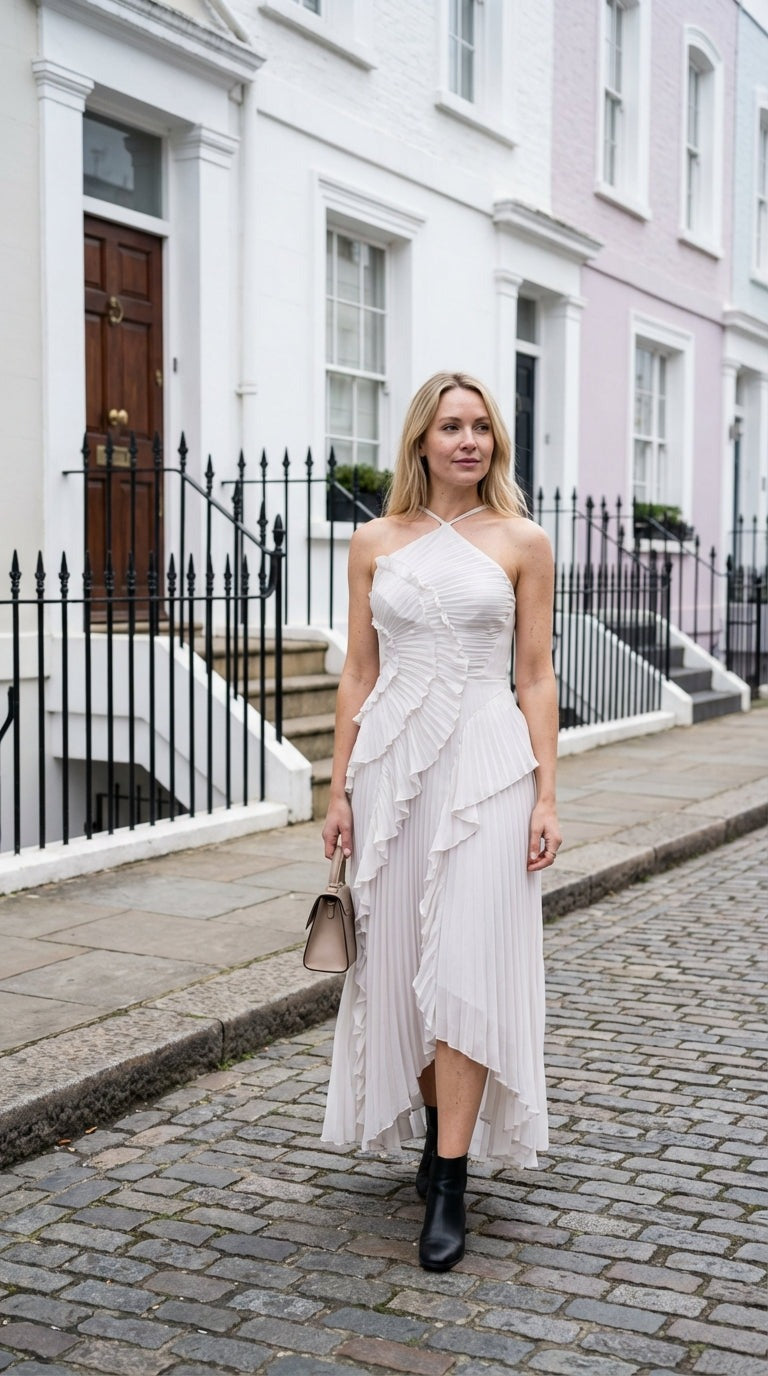 Pleated Halter Dress with Asymmetric Ruffles