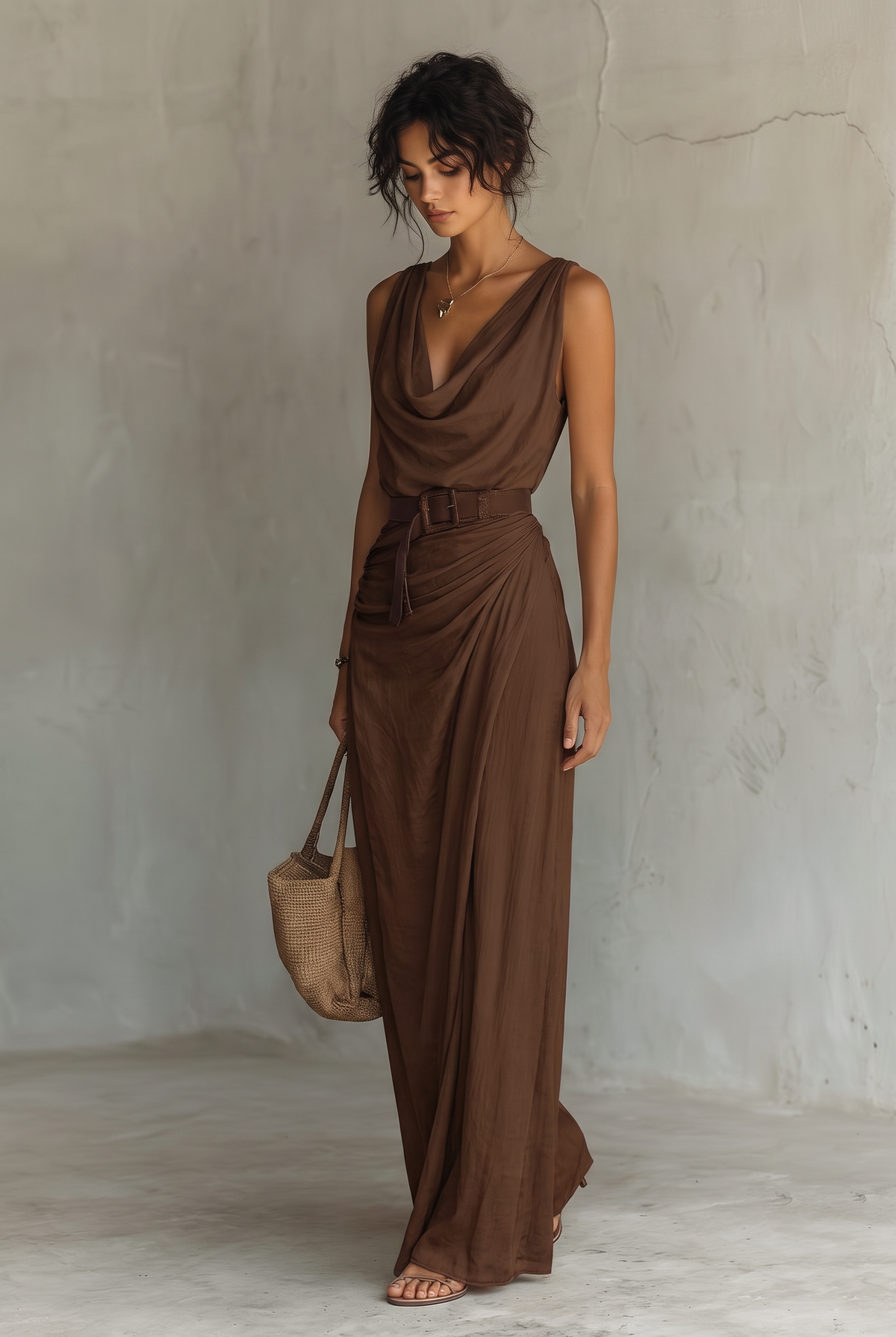 Brown Cowl Neck Sleeveless Maxi Dress with Waist Belt