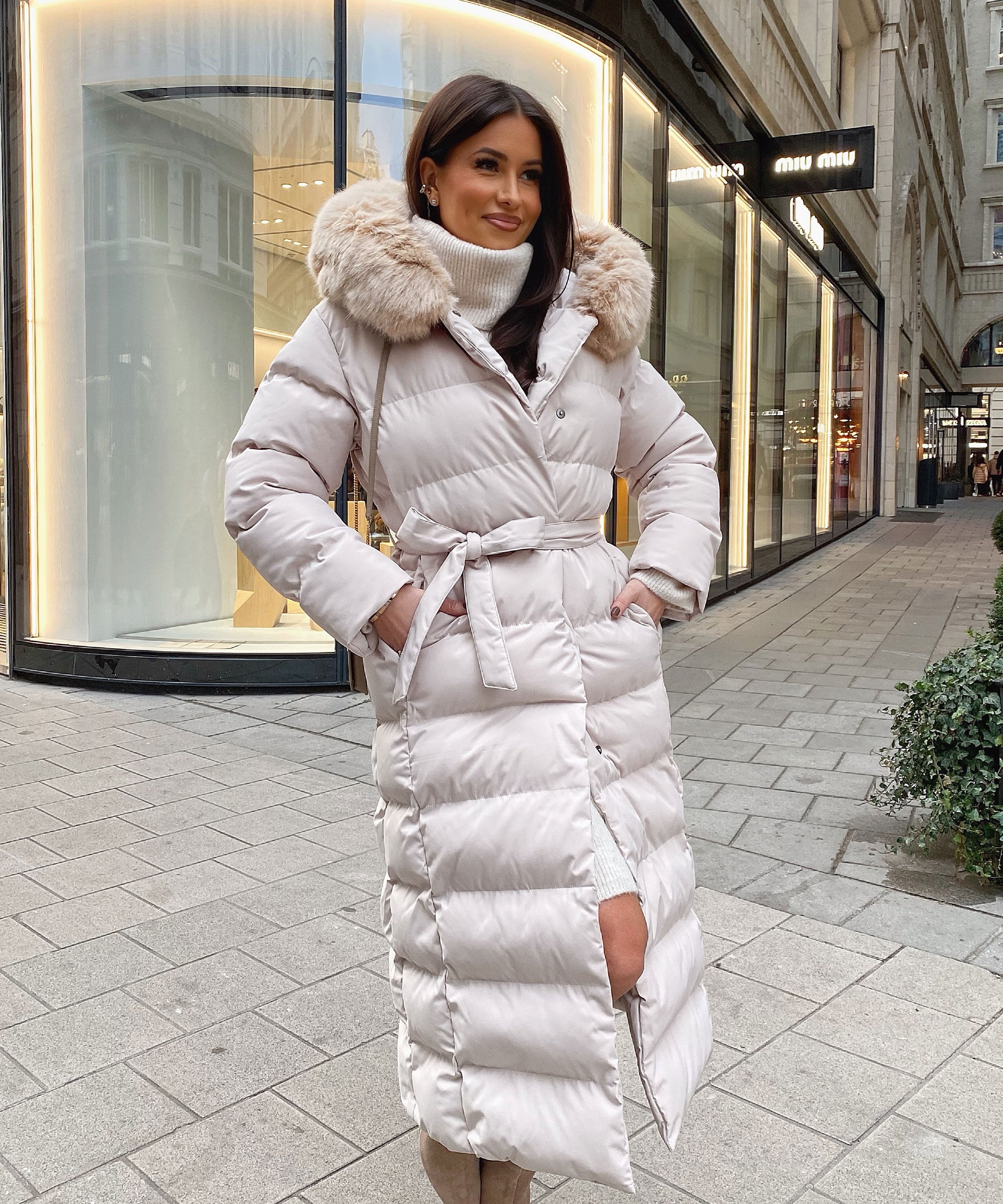 Women's Beige Parka Winter Jacket with Faux Fur and Tie Belt