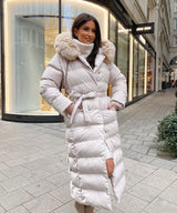 Women's Beige Parka Winter Jacket with Faux Fur and Tie Belt