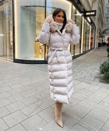 Women's Beige Parka Winter Jacket with Faux Fur and Tie Belt