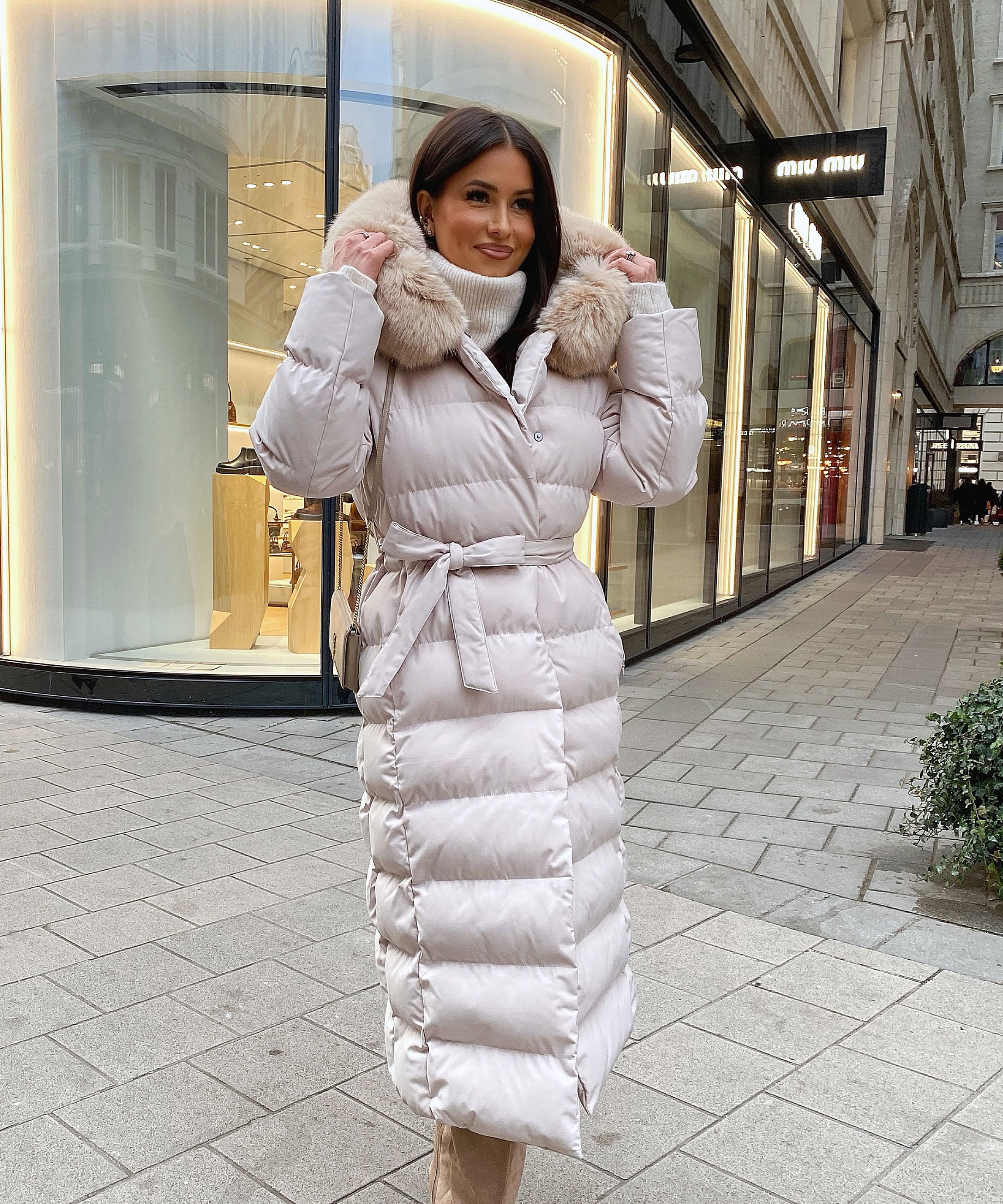 Women's Beige Parka Winter Jacket with Faux Fur and Tie Belt