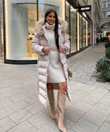 Women's Beige Parka Winter Jacket with Faux Fur and Tie Belt