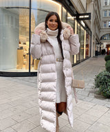 Women's Beige Parka Winter Jacket with Faux Fur and Tie Belt