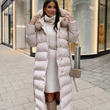 Women's Beige Parka Winter Jacket with Faux Fur and Tie Belt