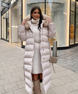 Women's Beige Parka Winter Jacket with Faux Fur and Tie Belt