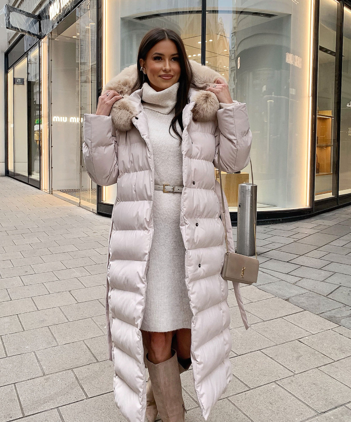 Women's Beige Parka Winter Jacket with Faux Fur and Tie Belt