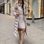 Women's Beige Parka Winter Jacket with Faux Fur and Tie Belt