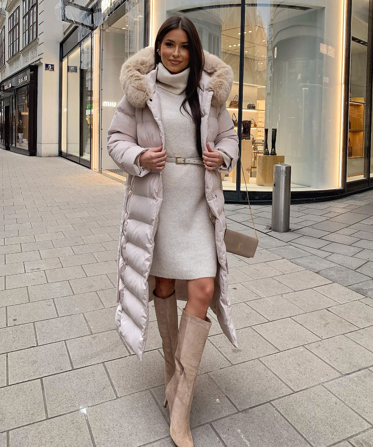 Women's Beige Parka Winter Jacket with Faux Fur and Tie Belt