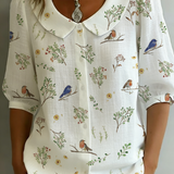 "Forest Whispers" Peter Pan Collar Linen-Cotton Shirt
