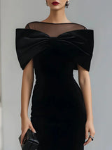 Chic Black Wedding Guest Midi Dress for Women with Boat Neck Bow Shoulder Bodycon Velvet Formal Style