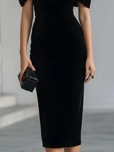 Chic Black Wedding Guest Midi Dress for Women with Boat Neck Bow Shoulder Bodycon Velvet Formal Style
