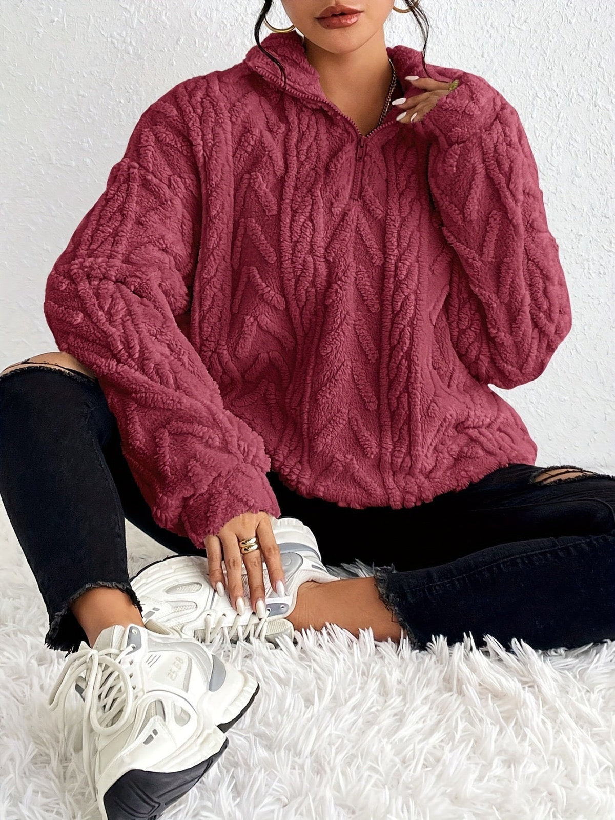 Plush Zip-Up Hooded Jumper, Relaxed Fit