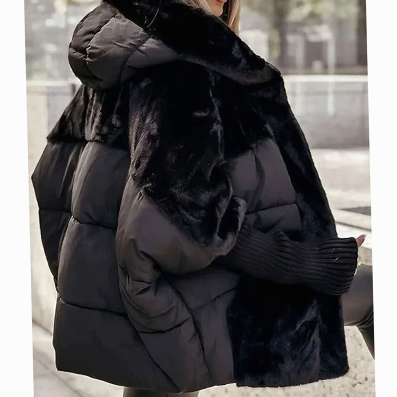 Cozy Faux Fur Coat for Women with Hooded Collar Long Sleeve Quilted Puffer Oversized Style