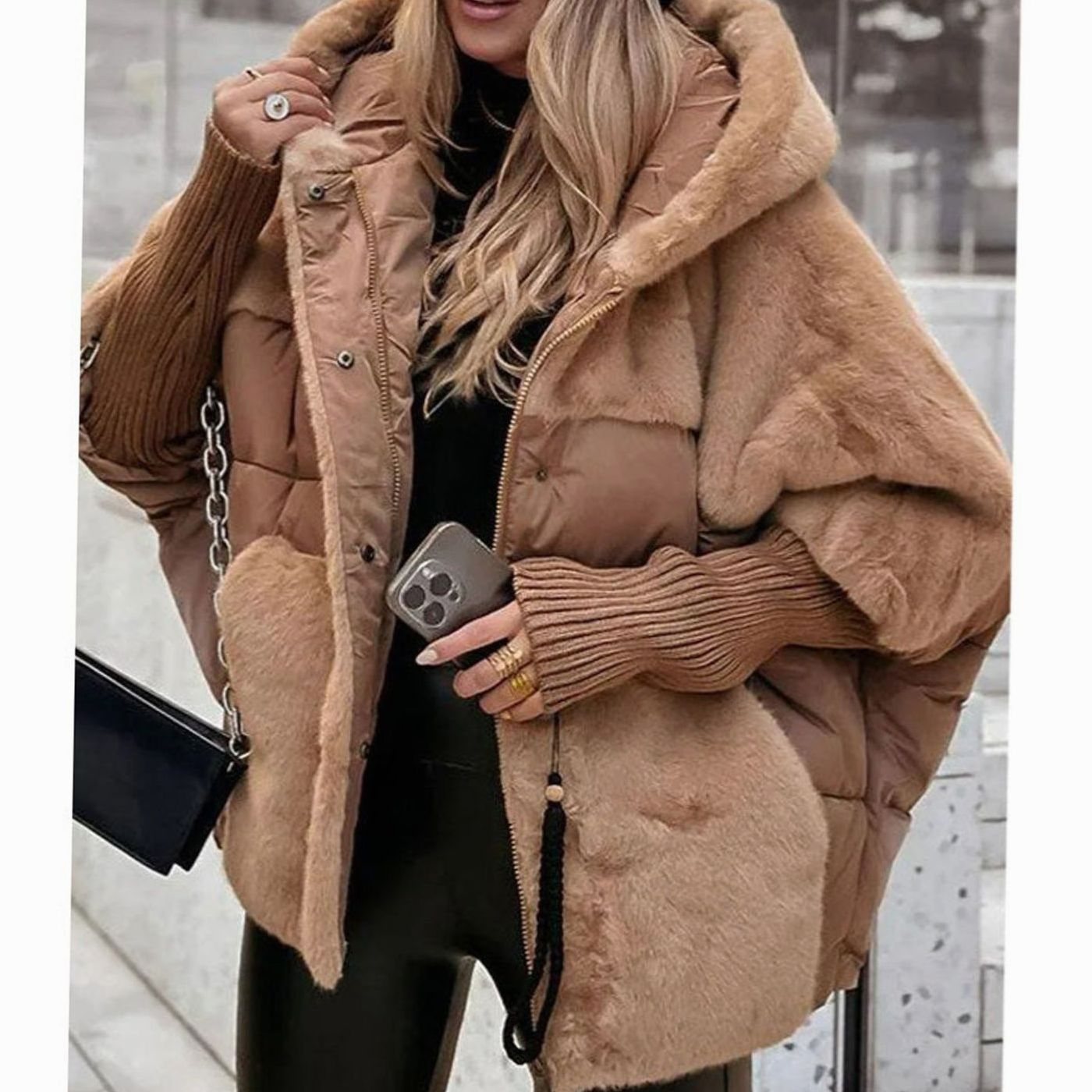 Cozy Faux Fur Coat for Women with Hooded Collar Long Sleeve Quilted Puffer Oversized Style