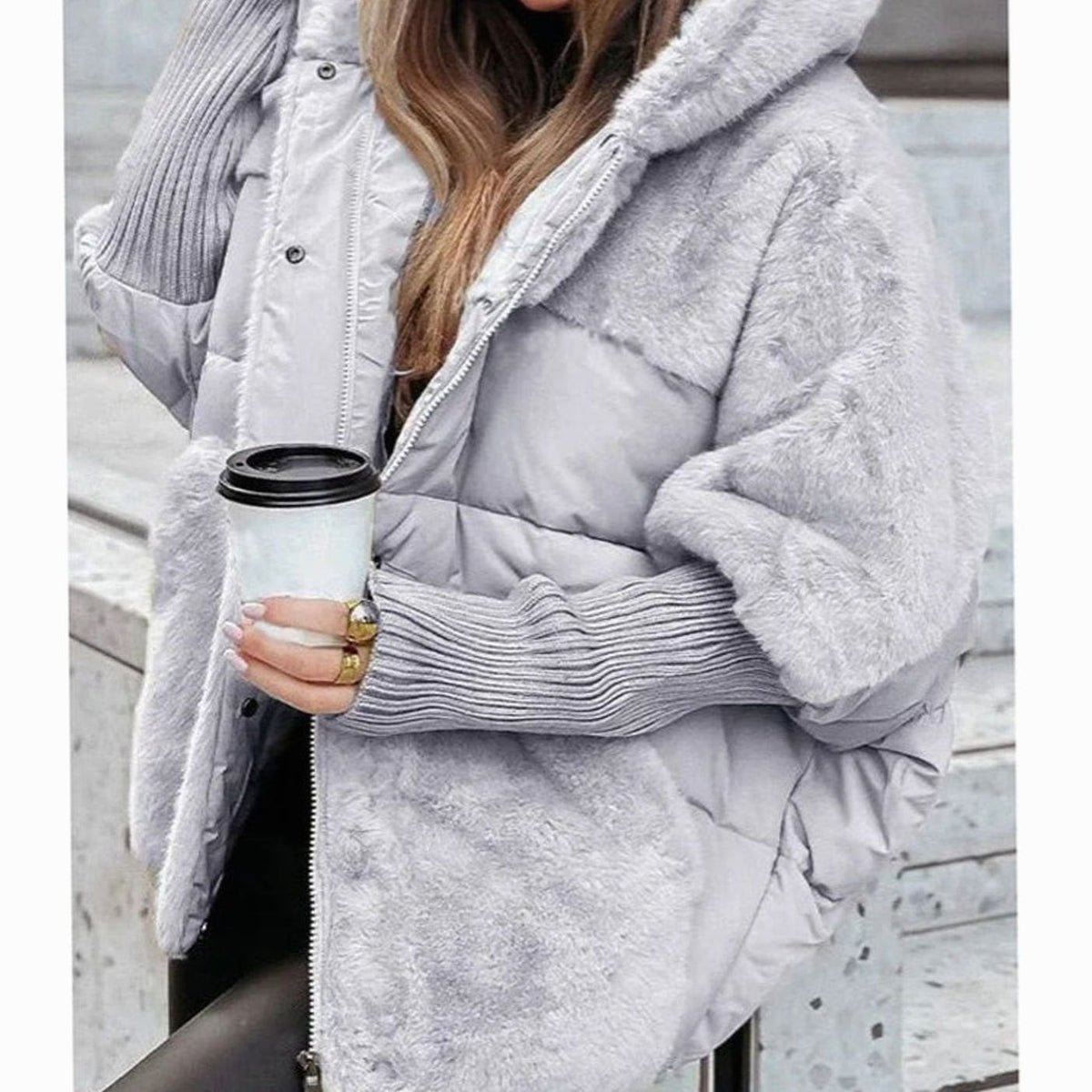 Cozy Faux Fur Coat for Women with Hooded Collar Long Sleeve Quilted Puffer Oversized Style