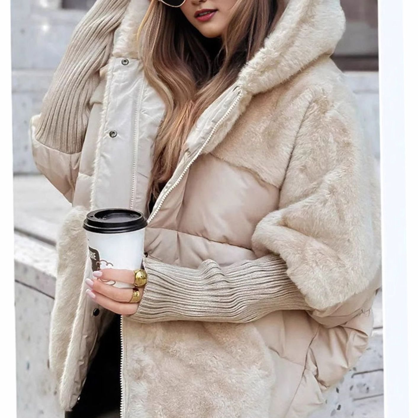 Cozy Faux Fur Coat for Women with Hooded Collar Long Sleeve Quilted Puffer Oversized Style