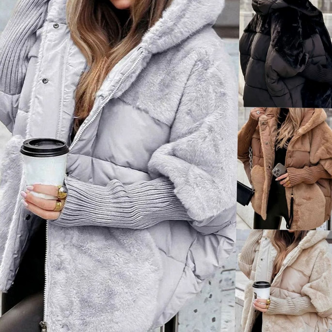Cozy Faux Fur Coat for Women with Hooded Collar Long Sleeve Quilted Puffer Oversized Style