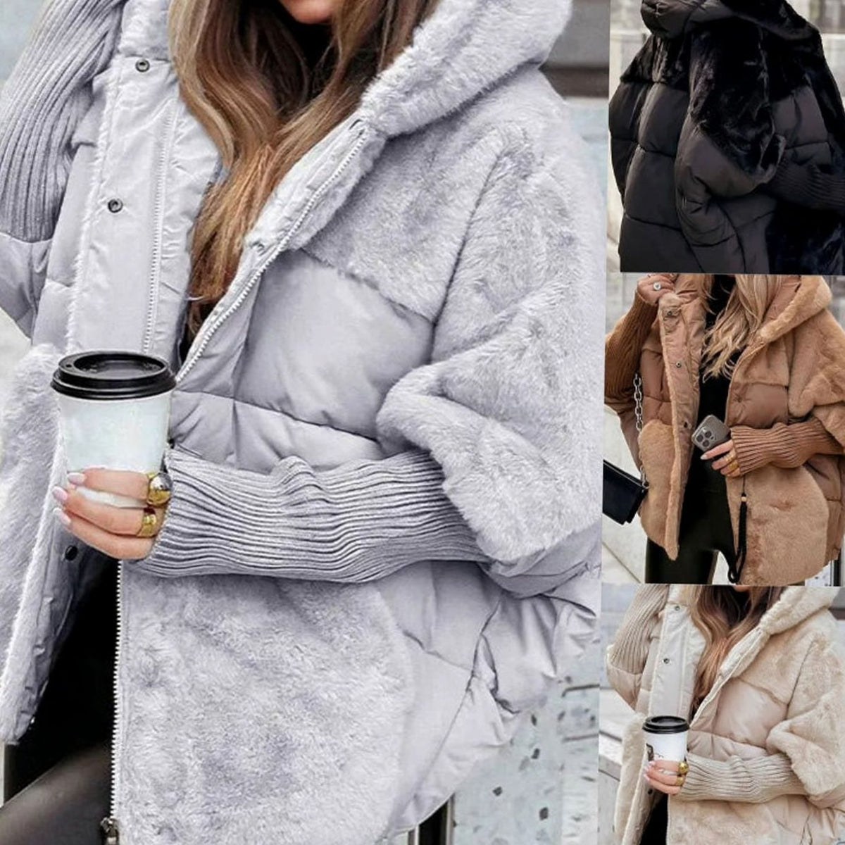 Cozy Faux Fur Coat for Women with Hooded Collar Long Sleeve Quilted Puffer Oversized Style