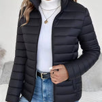 Effortless Quilted Puffer Jacket for Women with High Neck Long Sleeve Zip Front Casual Style