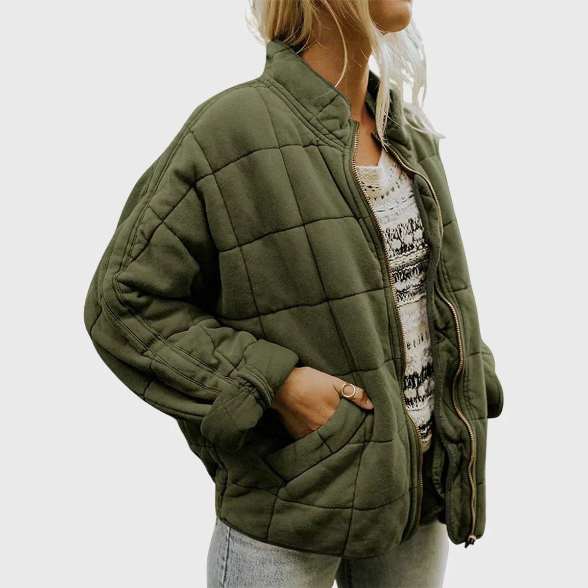 Cozy Quilted Puffer Coat for Women with Stand Collar Long Sleeve Zip Up Oversized Style