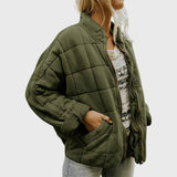 Cozy Quilted Puffer Coat for Women with Stand Collar Long Sleeve Zip Up Oversized Style