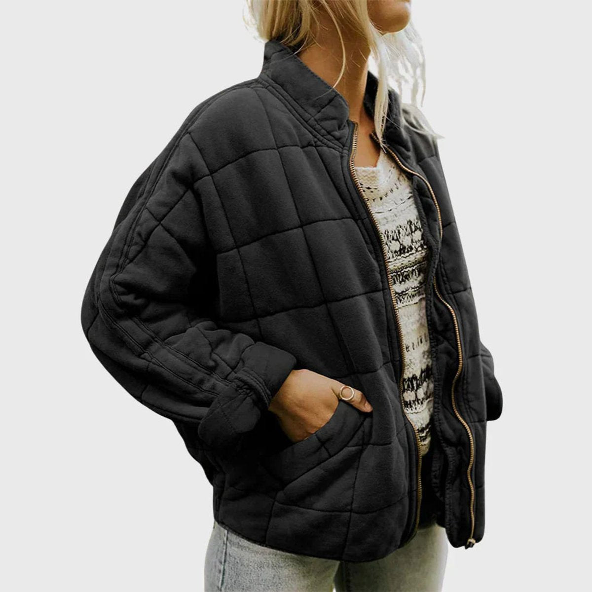 Cozy Quilted Puffer Coat for Women with Stand Collar Long Sleeve Zip Up Oversized Style