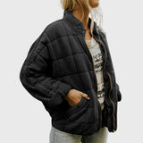 Cozy Quilted Puffer Coat for Women with Stand Collar Long Sleeve Zip Up Oversized Style