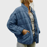 Cozy Quilted Puffer Coat for Women with Stand Collar Long Sleeve Zip Up Oversized Style
