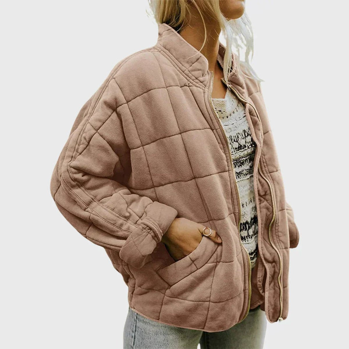 Cozy Quilted Puffer Coat for Women with Stand Collar Long Sleeve Zip Up Oversized Style