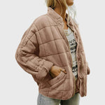 Cozy Quilted Puffer Coat for Women with Stand Collar Long Sleeve Zip Up Oversized Style