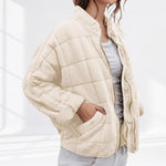 Cozy Quilted Puffer Coat for Women with Stand Collar Long Sleeve Zip Up Oversized Style